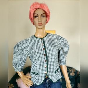 Vintage Russian Dirndl Green Plaid Jacket w/ Puffed Peasant Sleeves
